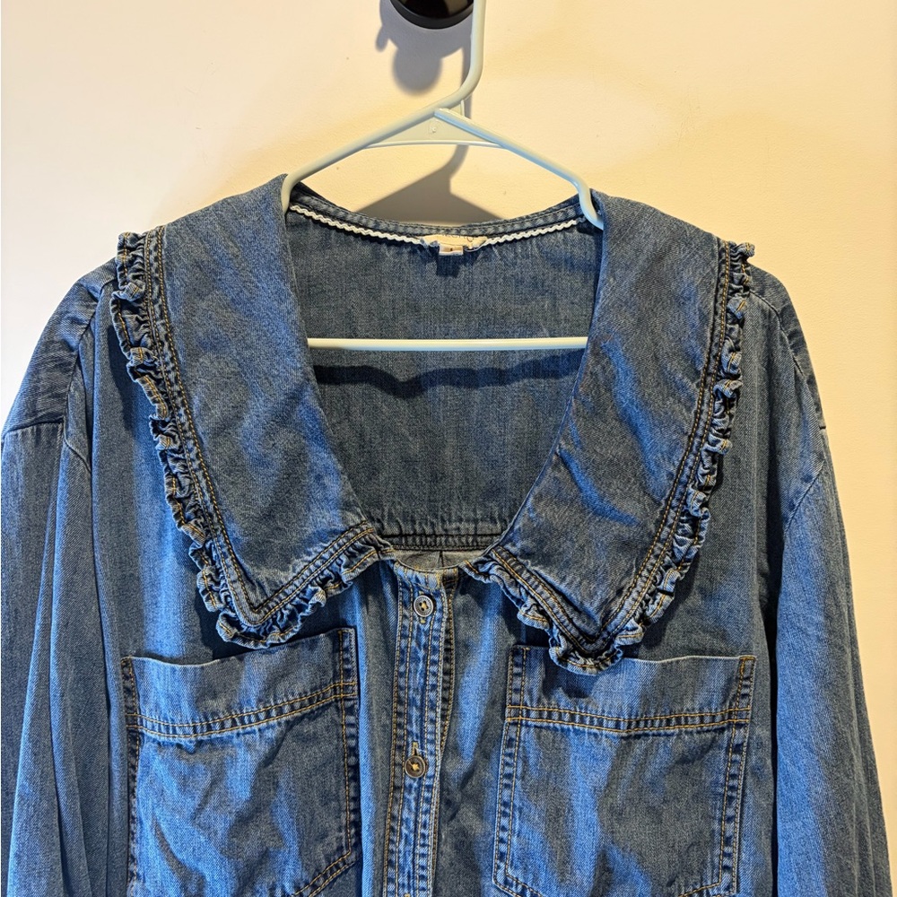 Pilcro Blue Denim Top with Ruffled Neckline - Picture 2 of 7